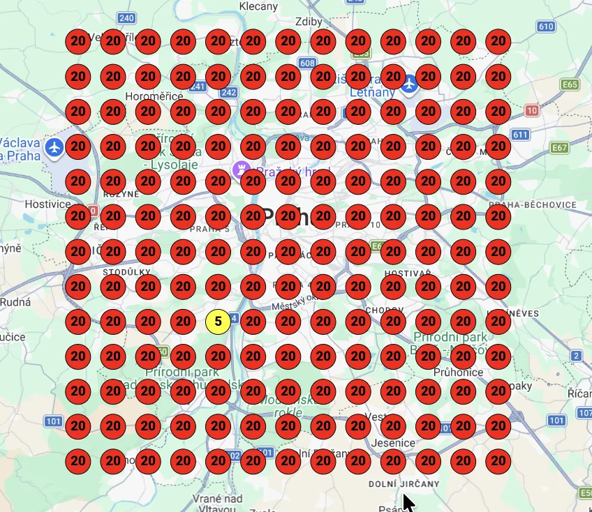 Heatmapa Local Pack pro klíčové slovo lokální SEO Praha - Bobus Marketing - březen 2026, převaha červené (špatné pozice)